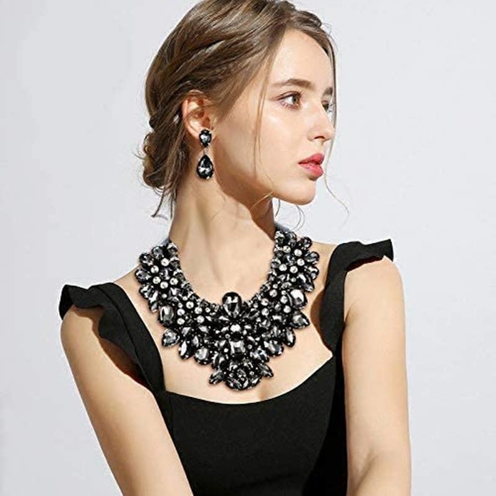 #20 Black Rhinestone Crystal Statement Necklace Earrings Set Cabochon Encrusted